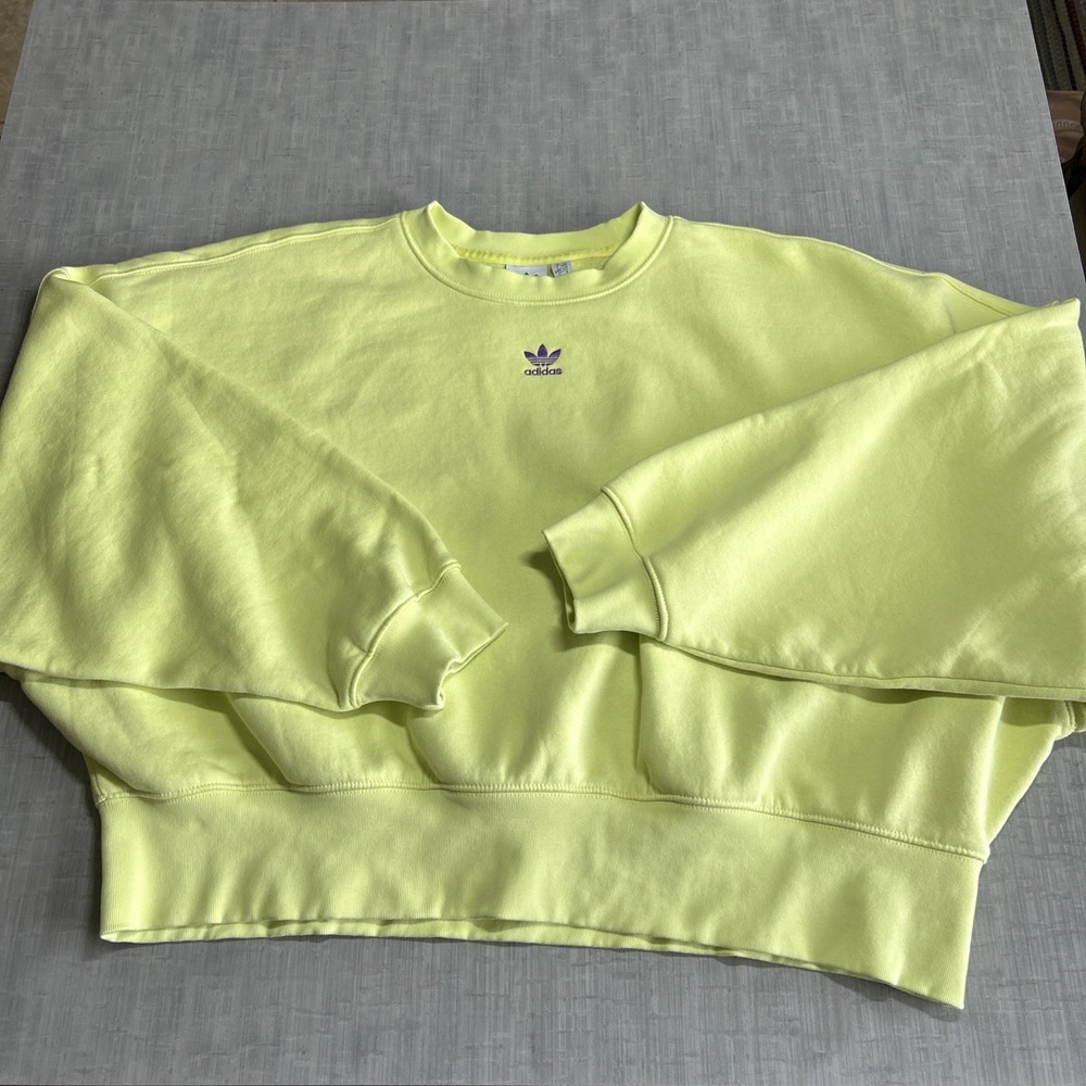 Adidas Women's Adicolor Essentials Yellow Green Crew Sweatshirt Cropped Sz Large